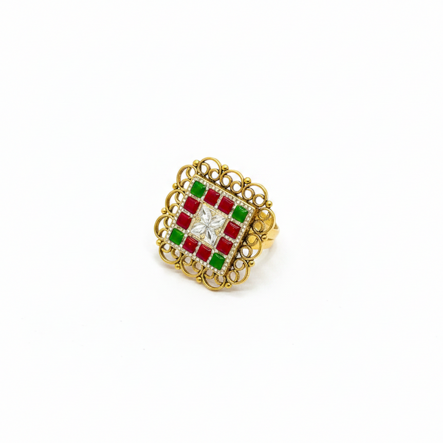 Vintage Meenakari Filigree Statement Gold Look Ring