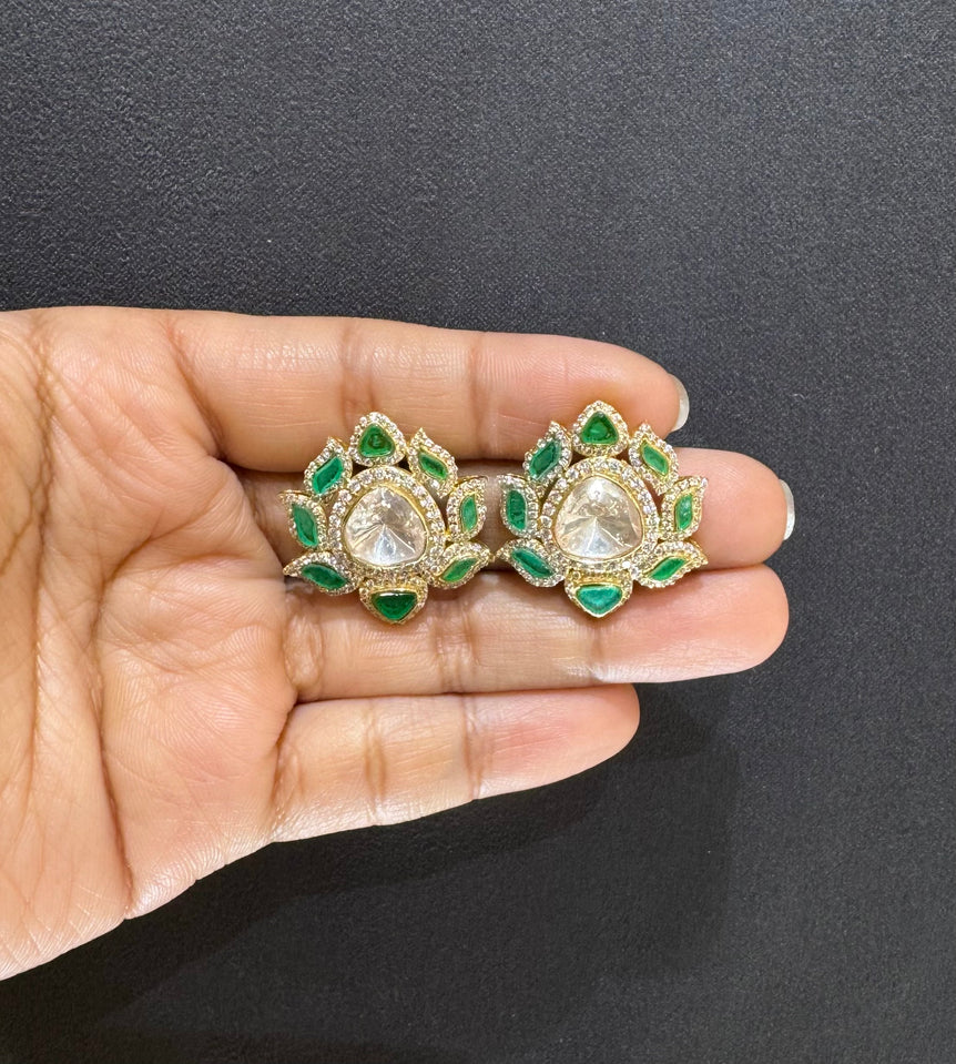 925 Silver Green Lotus Polki Earrings