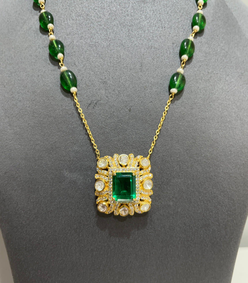 925 Silver Traditional Emerald Polki Pendant