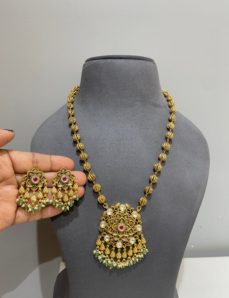 925 Silver Kamal Phool Real Gold Antique Look Necklace Set