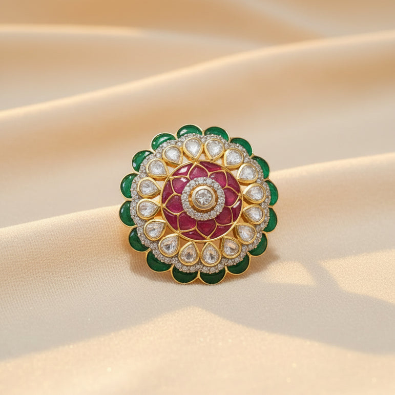 Royal Tri-Color Floral Medallion Silver Polki Statement Ring