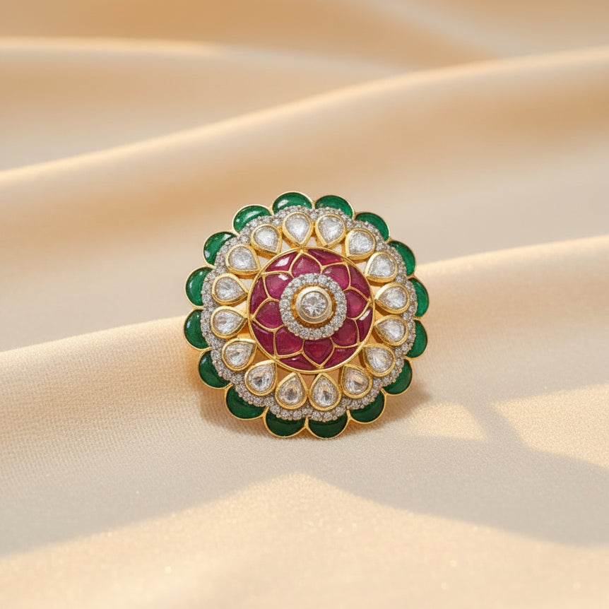 Royal Tri-Color Floral Medallion Silver Polki Statement Ring