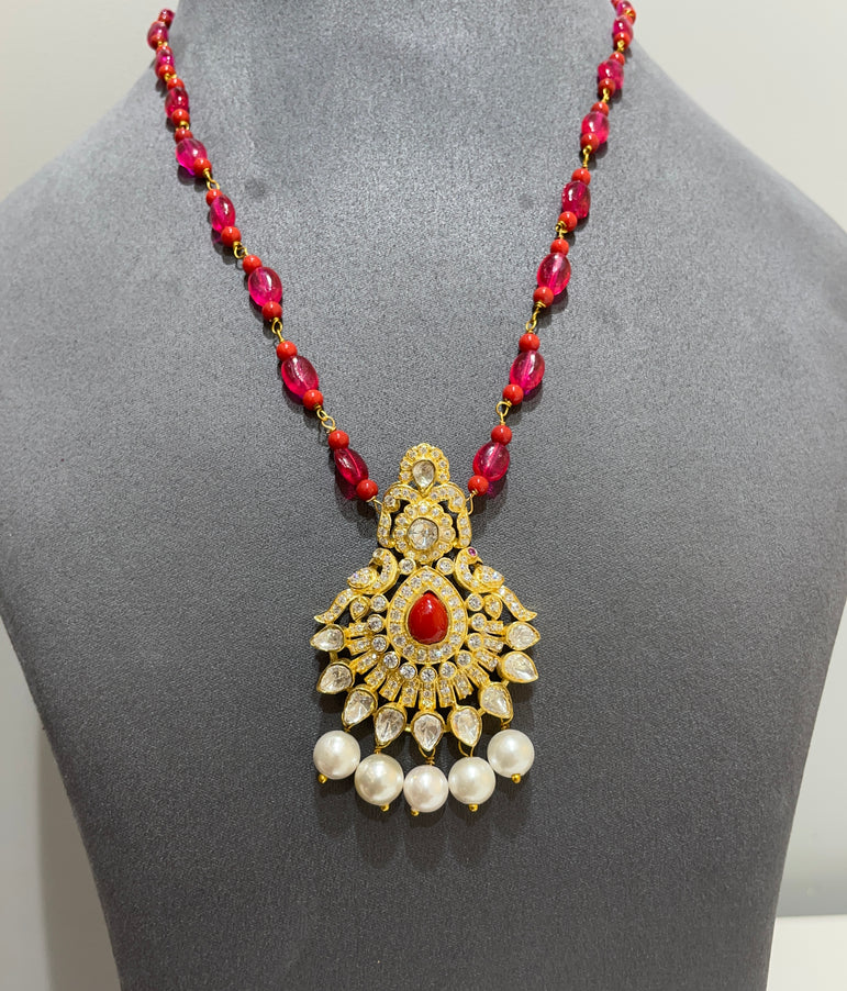 925 Silver Traditional Peacock Polki Pendant