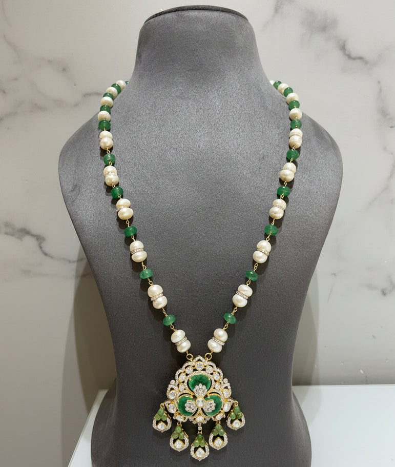 Emerald Floral Trefoil Pendant & Keshi Pearl Polki Long Set