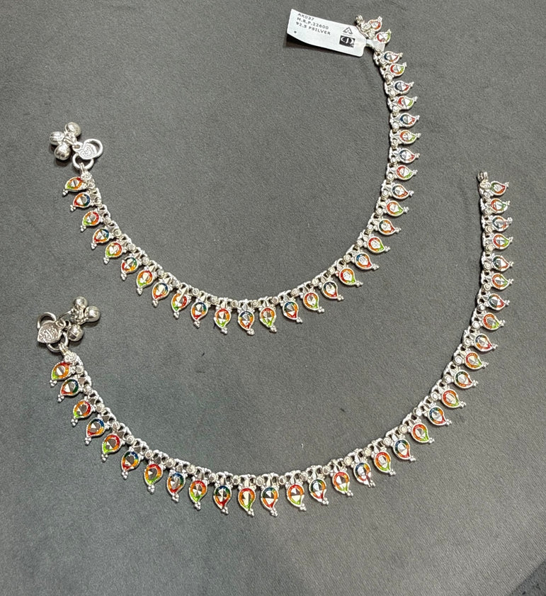 Traditional Meenakari Paisley Silver Anklet Pair