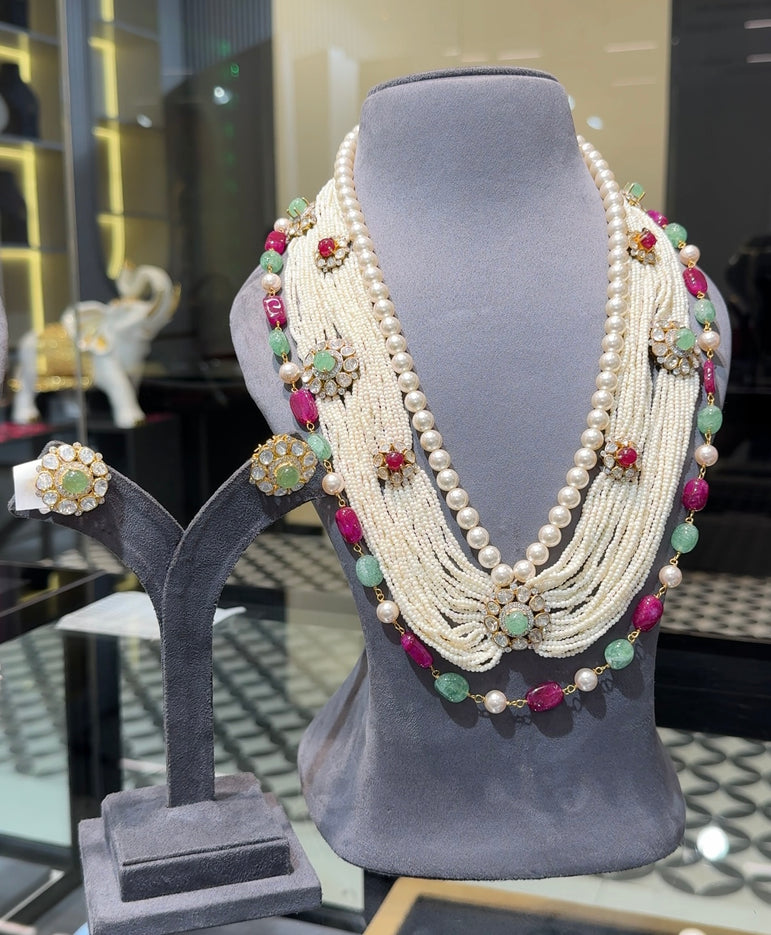 Royal Multi-Strand Seed Pearl & Gemstone Heritage Necklace Set