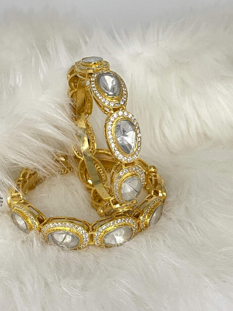 CLASSIC PURE SILVER POLKI BANGLE | 22KT GOLD PLATED ( 1 PAIR ) - Olivearajewels