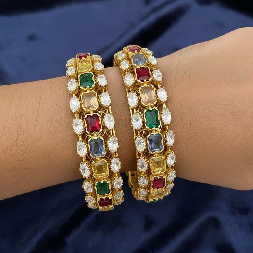 NAVRATTAN PURE SILVER POLKI BANGLE | 22KT GOLD PLATED ( 1 PAIR ) - Olivearajewels