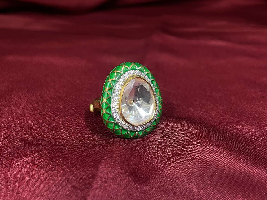 GREEN ENAMEL POLKI RNG - Olivearajewels