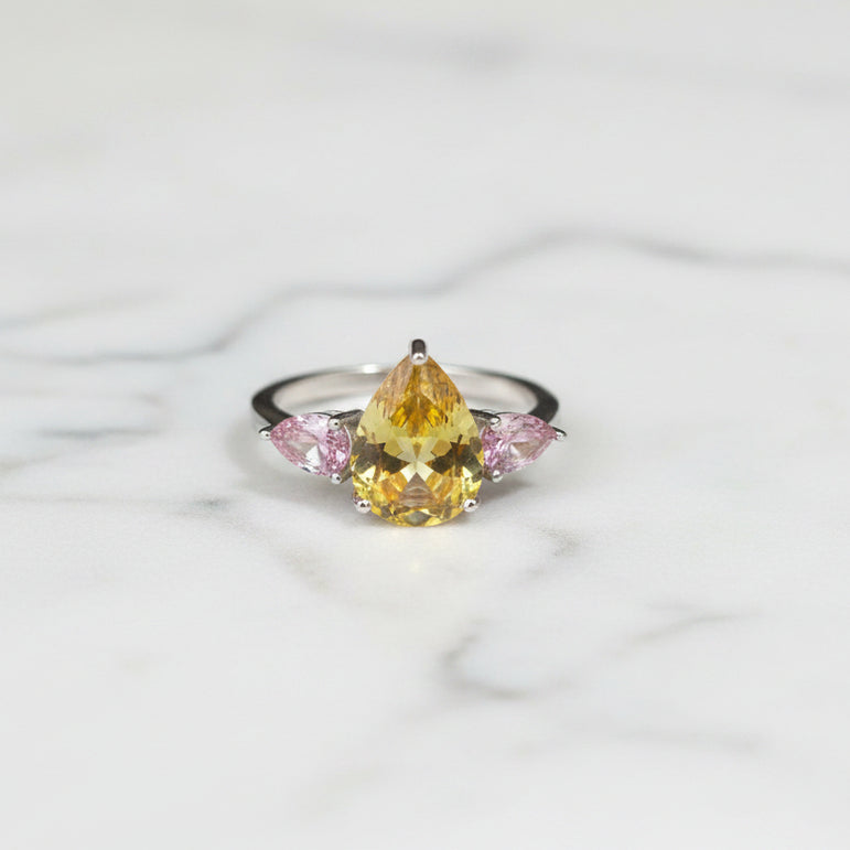 YELLOW AND PINK STONE DIAMOND PURE SILVER RING - Olivearajewels