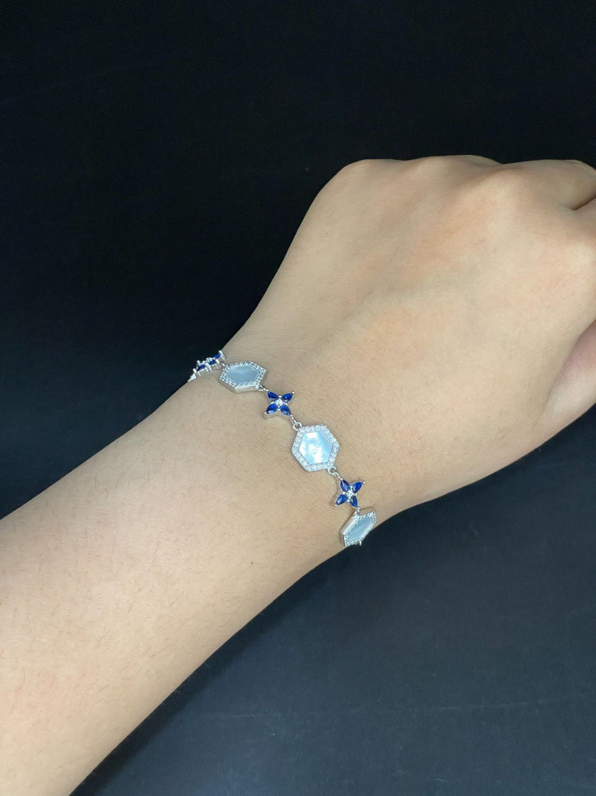 STYLISH BLUE FLOWER DESIGN WITH HEXAGONS PURE SILVER BRACELET - Olivearajewels