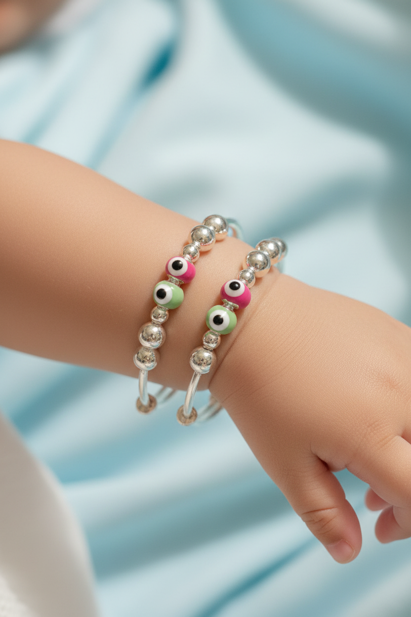 Vibrant Pink & Green Enamel Evil Eye Baby Kada Pair