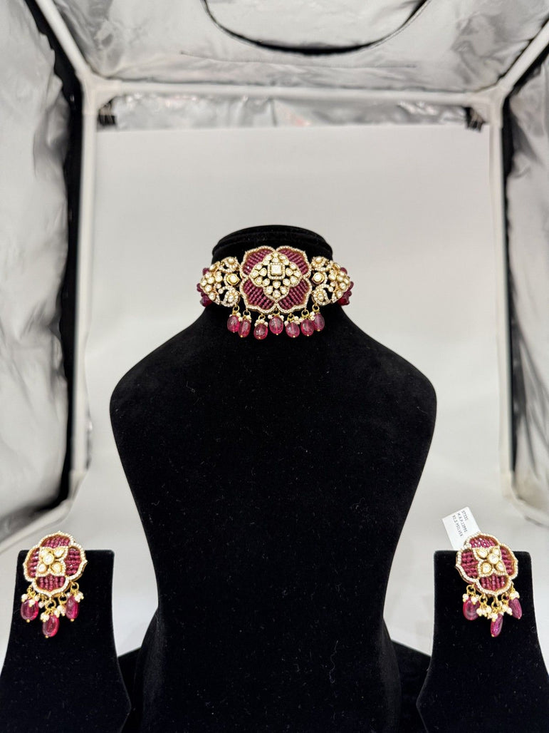 BEAUTIFUL PINK WORK DETAILING PURE SILVER CHOKER SET - Olivearajewels