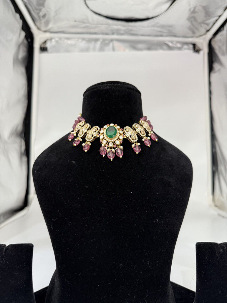 PINK COLOR PURE SILVER CHOKER WITHOUT EARRINGS - Olivearajewels