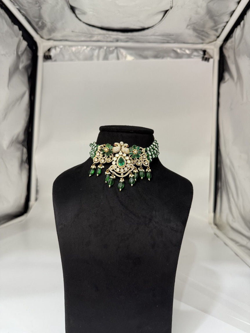BEAUTIFUL GREEN COLOR PEACOCK DESIGN POLKI CHOKER WITHOUT EARRINGS - Olivearajewels