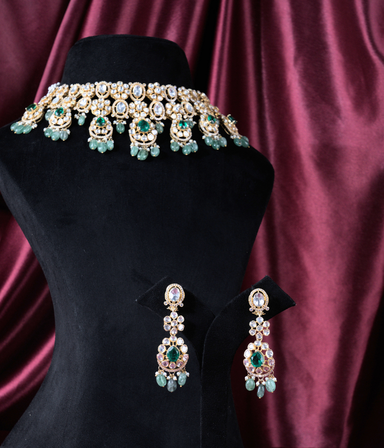 HEAVY GREEN PURE SILVER POLKI SET