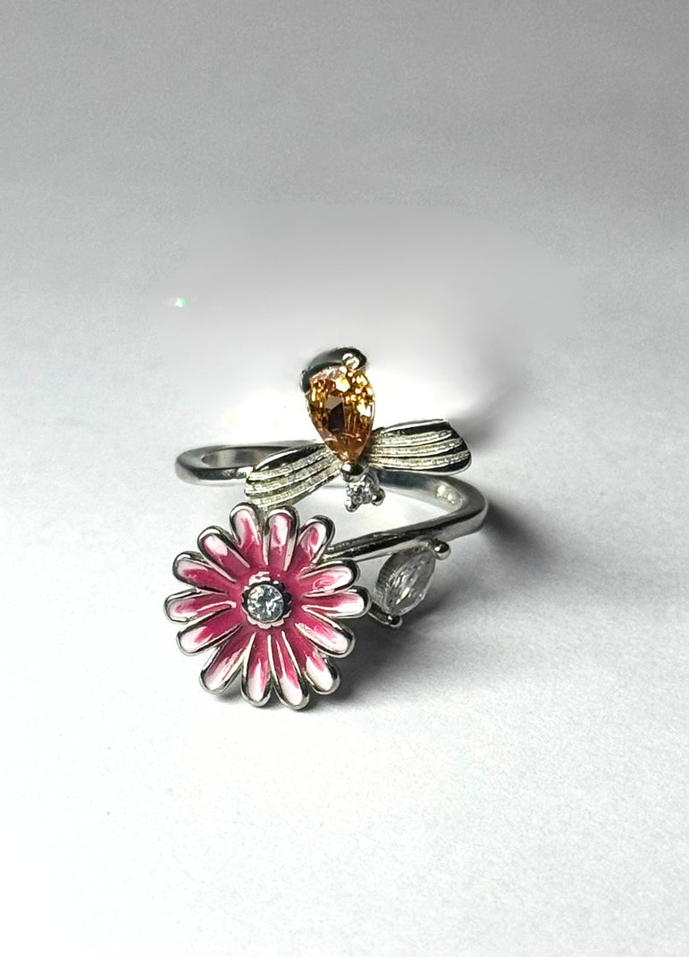 BEAUTIFUL FLOWER AND BUTTERFLY PURE SILVER RING