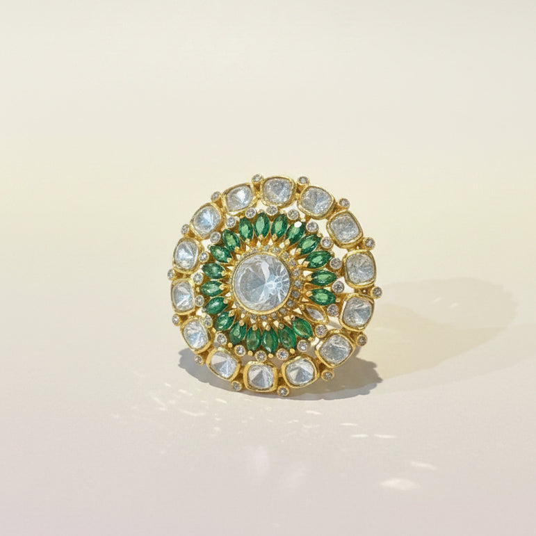 Emerald Green Halo Moissanite Polki Statement Ring