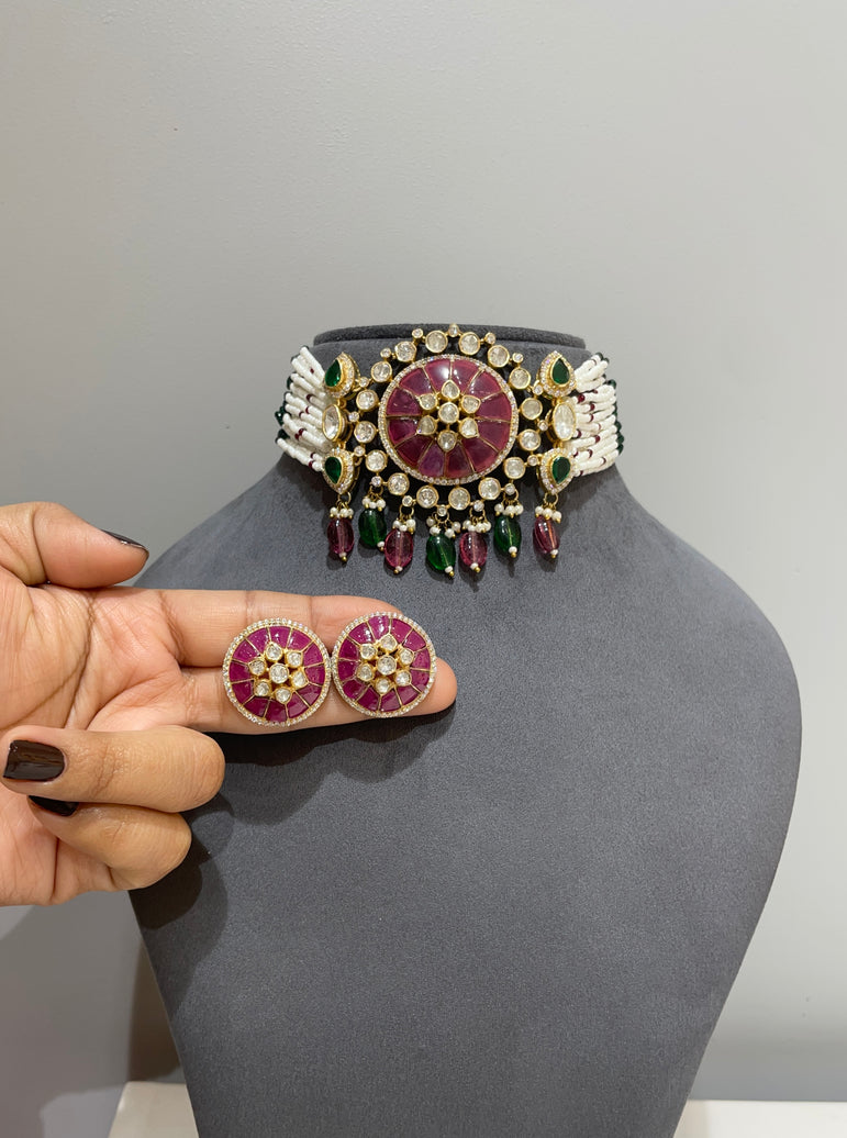 925 Silver Ruby & Polki Choker Set