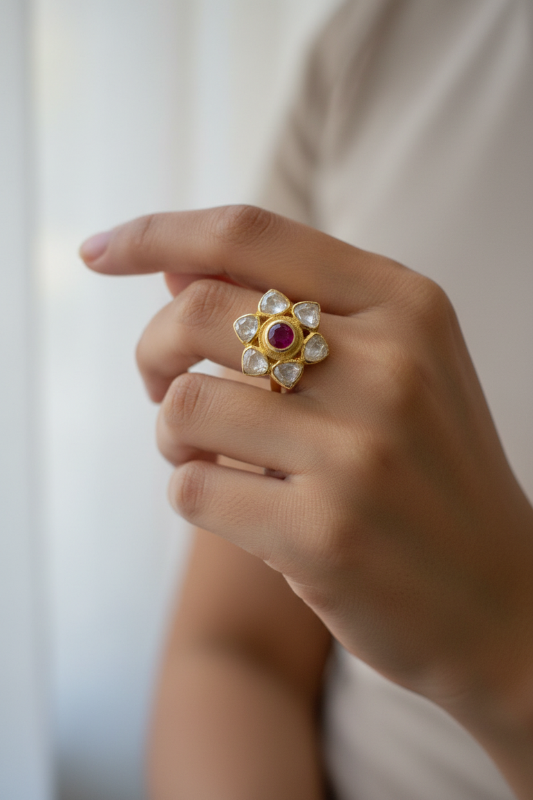 Ruby Center Floral Moissanite Polki Ring