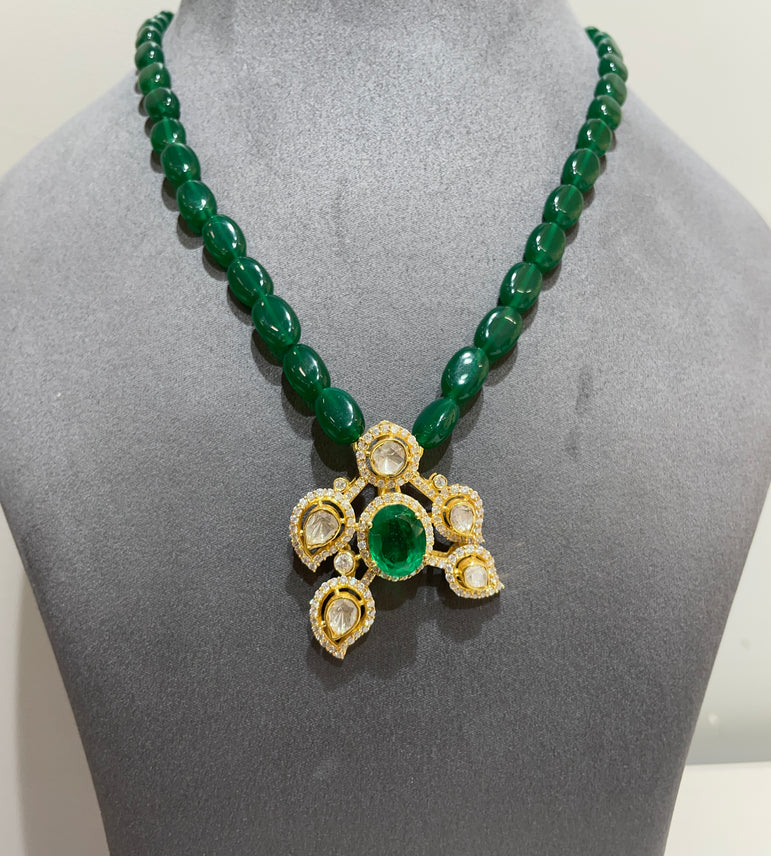 Royal Emerald Cabochon Moissanite Polki Pendant