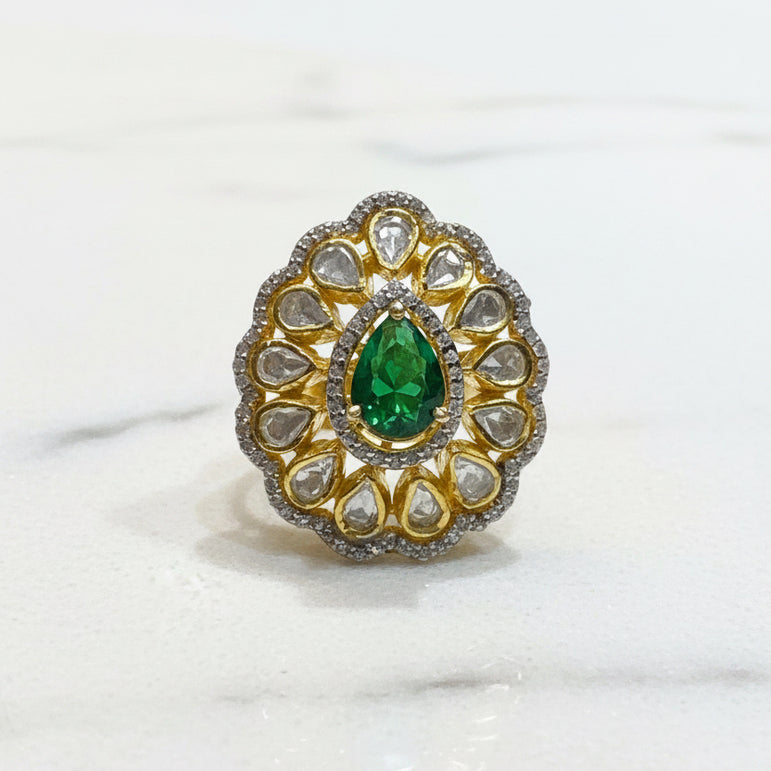 Teardrop Emerald & Moissanite Polki Cocktail Ring