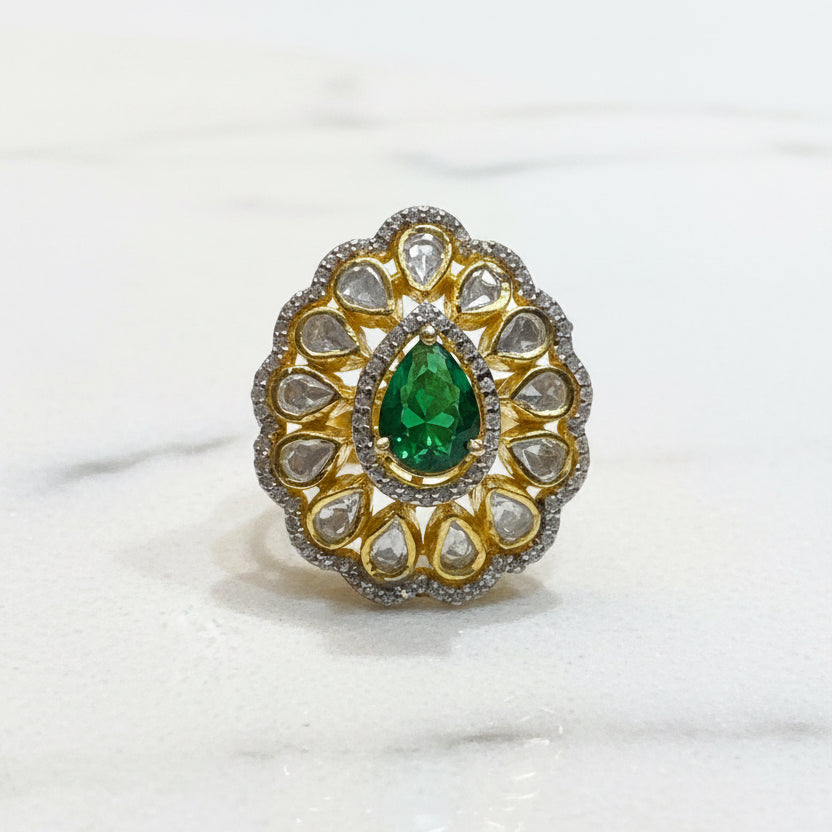 Teardrop Emerald & Moissanite Polki Cocktail Ring