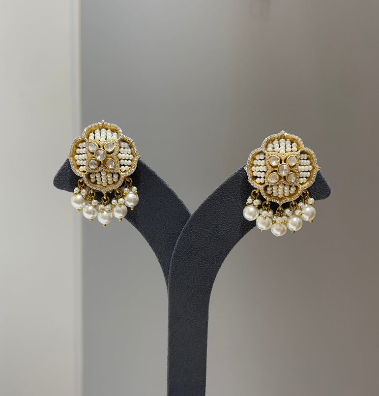 925 Silver Polki and Pearl Petals Earrings