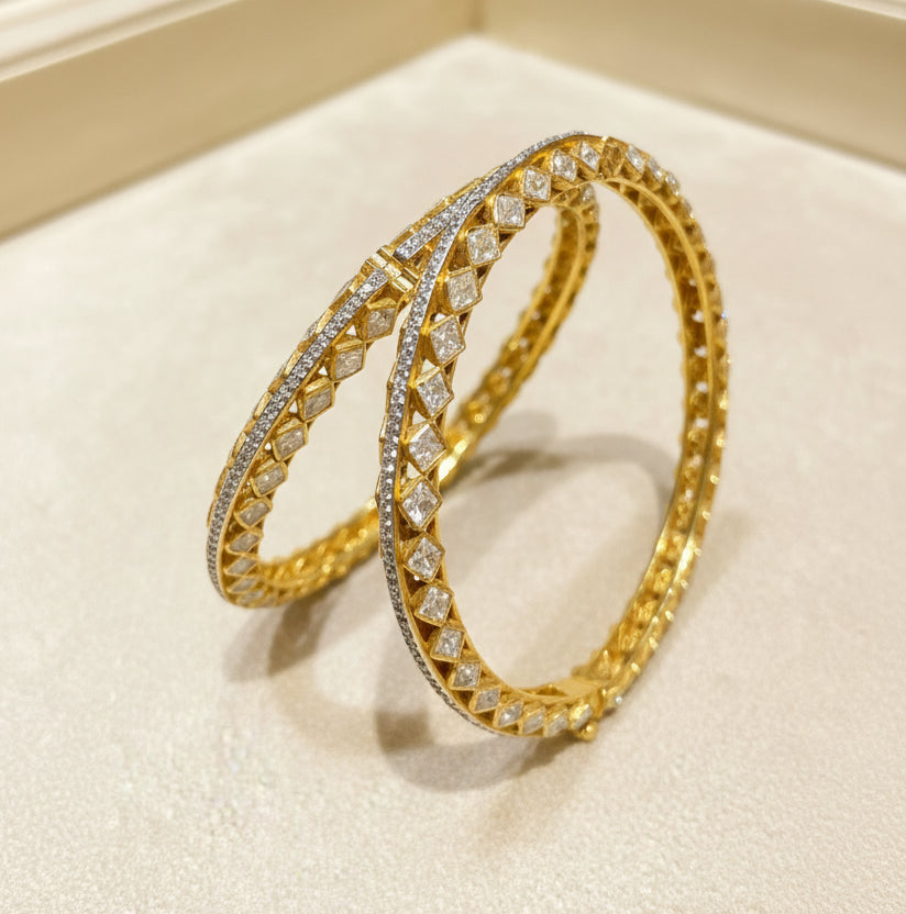 Rhombus Moissanite Polki Dual-Tone Bangle Pair