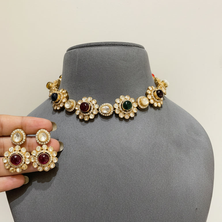 Navratna Floral Cabochon Moissanite Polki  Set