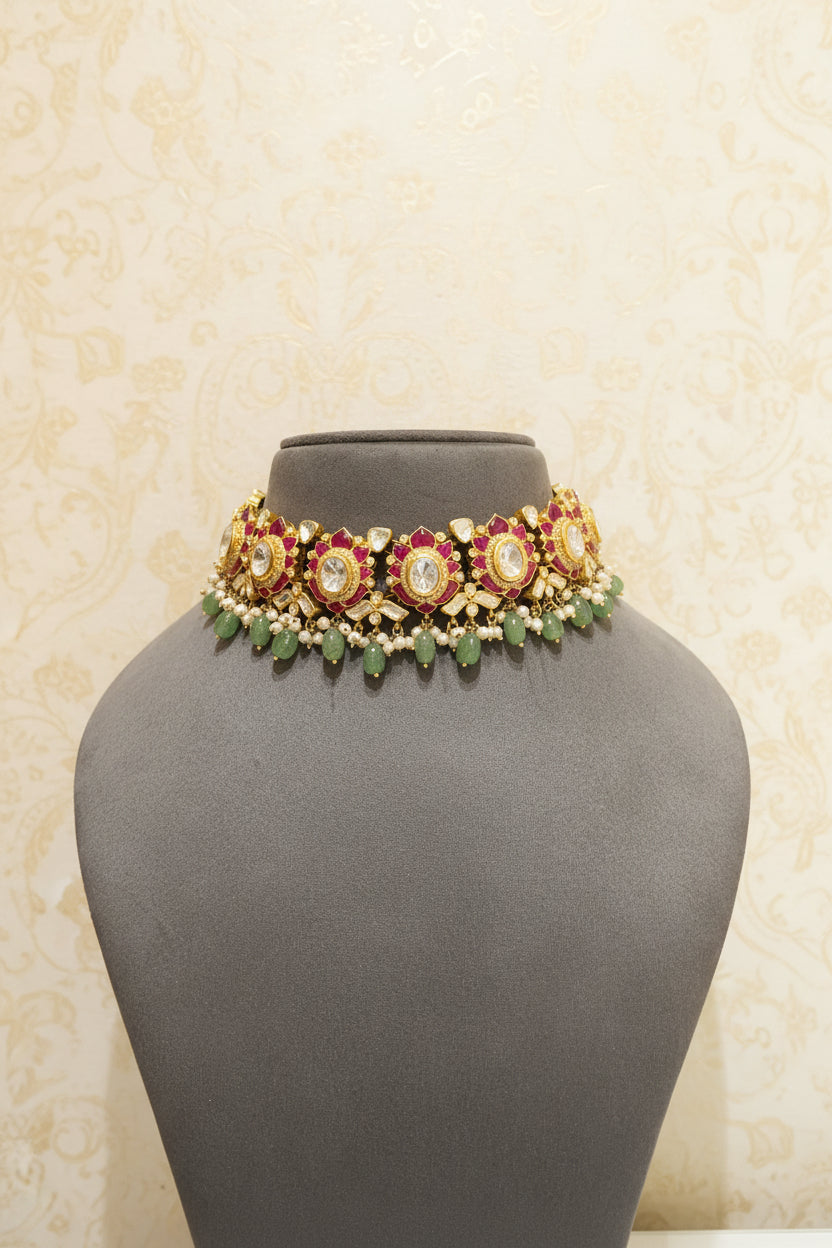 Moissanite Polki & Carved Ruby Floral Choker