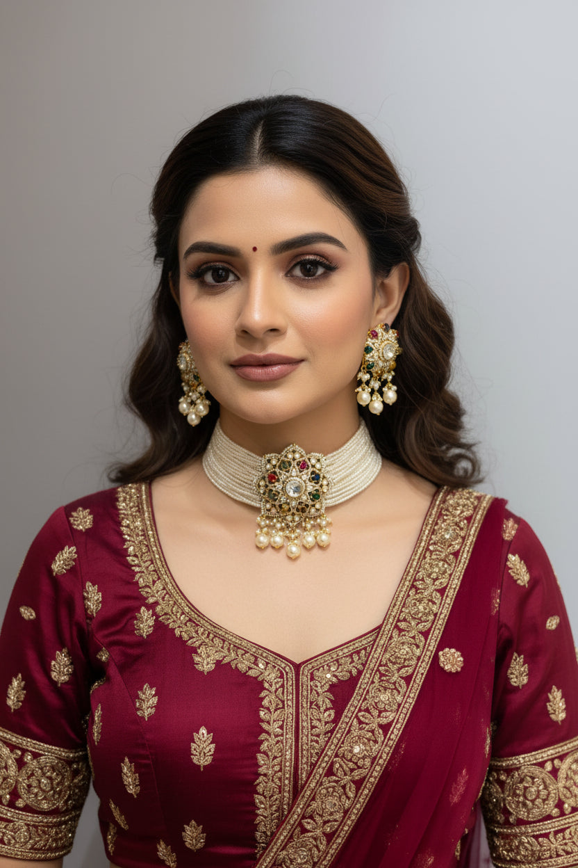 Navratna Moissanite Polki Multi-Strand Pearl Choker