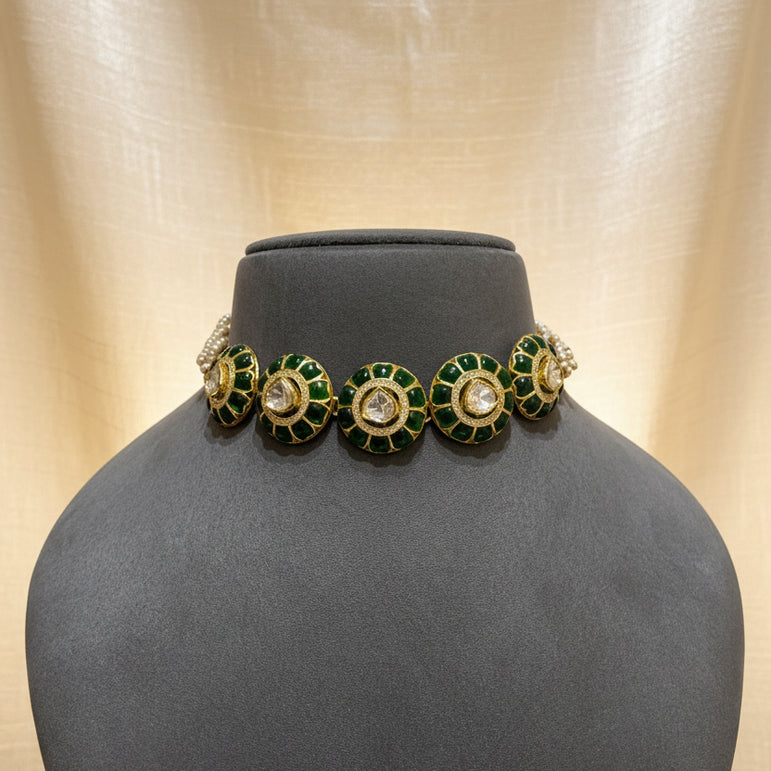 Emerald Green Enamel & Moissanite Polki Circular Choker