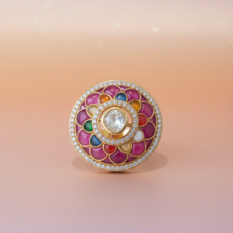 Grand Heritage Navratna Medallion Polki Statement Ring