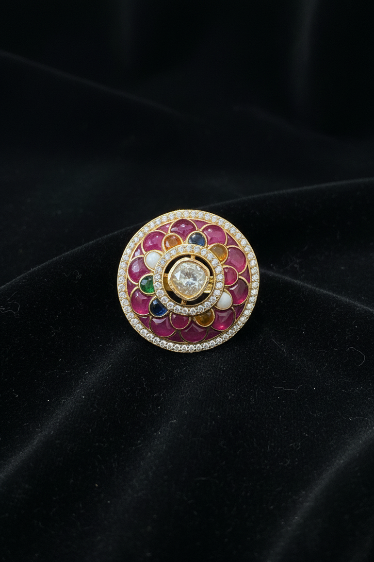 Grand Heritage Navratna Medallion Polki Statement Ring