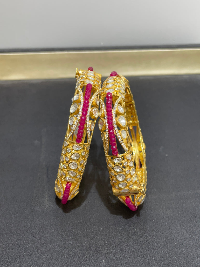 REAL LOOK PURE SILVER POLKI BANGLE WITH PINK BEADS | 22KT GOLD PLATED ( 1 PAIR )