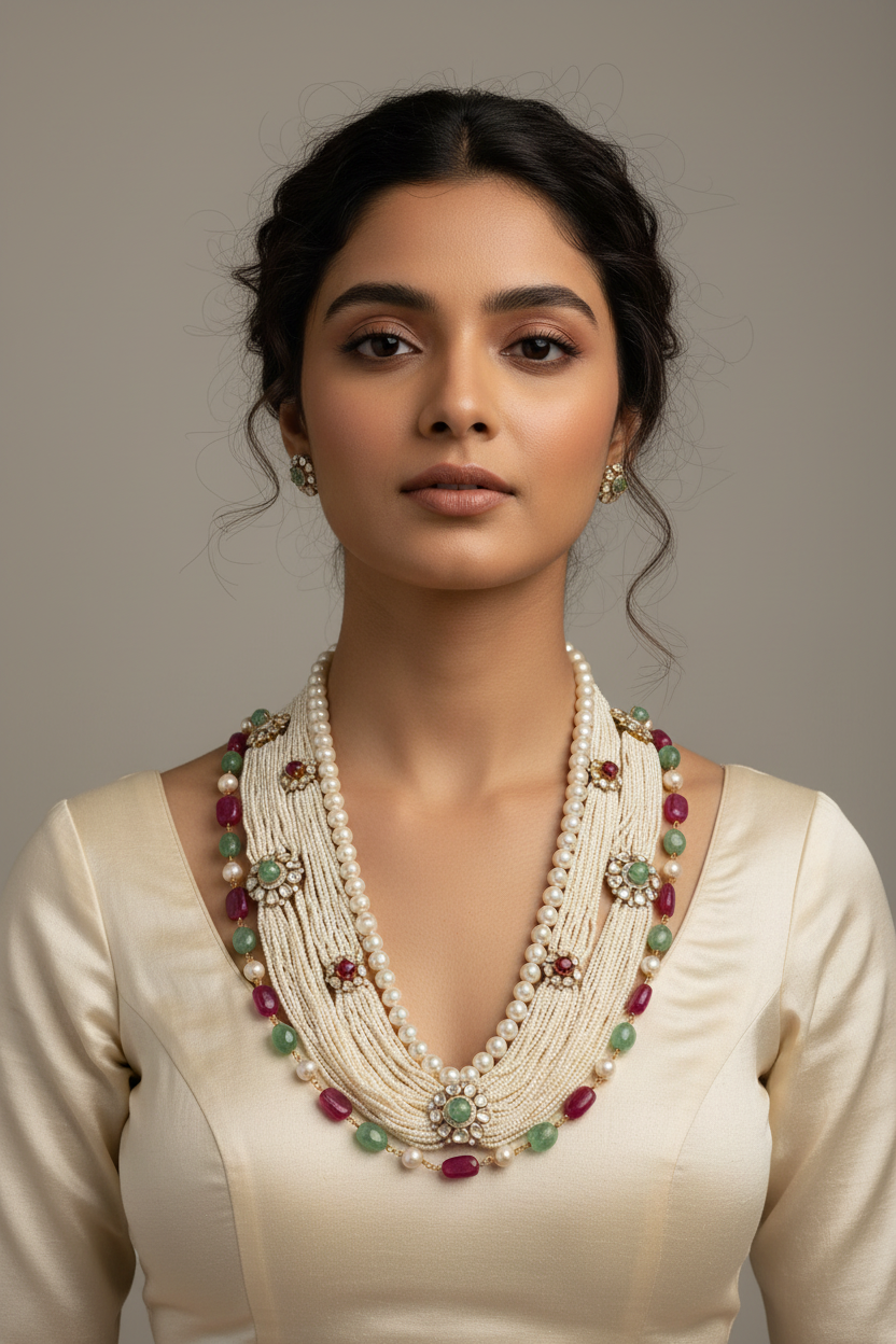 Royal Multi-Strand Seed Pearl & Gemstone Heritage Necklace Set