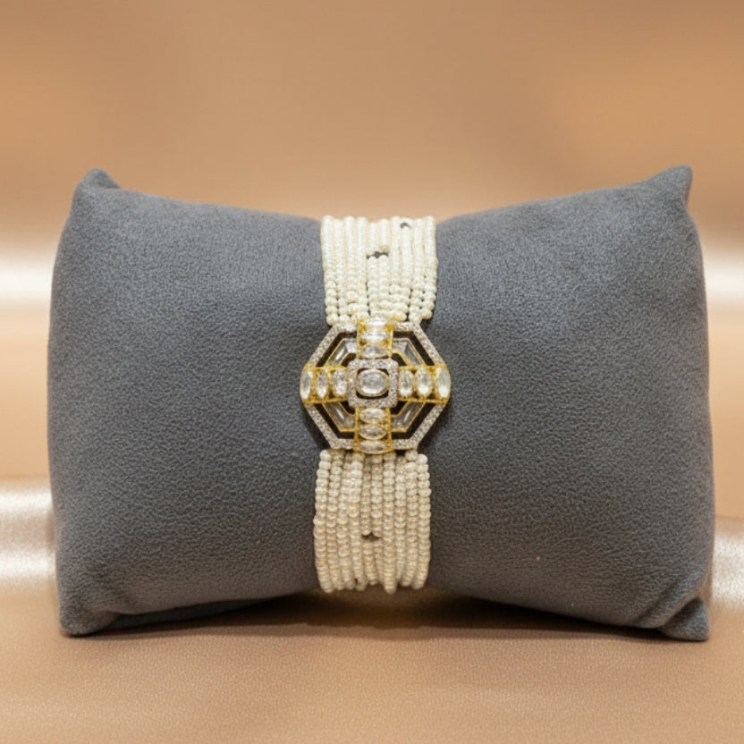 Geometric Art Deco Hexagonal Moissanite Polki & Multi-Strand Pearl Bracelet