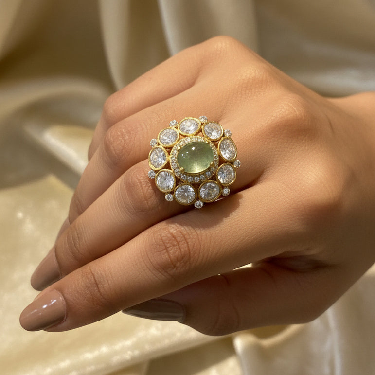 Pastel Green Medallion Moissanite Polki Statement Ring