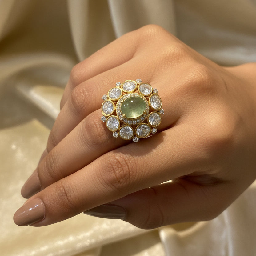 Pastel Green Medallion Moissanite Polki Statement Ring