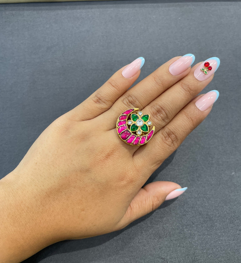 925 Silver Chandbali Floral Antique Gold Look Ring