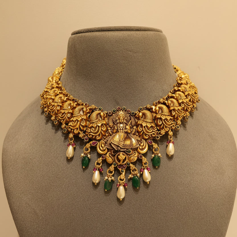 Sacred Seated Goddess Laxmi Temple Gold Set