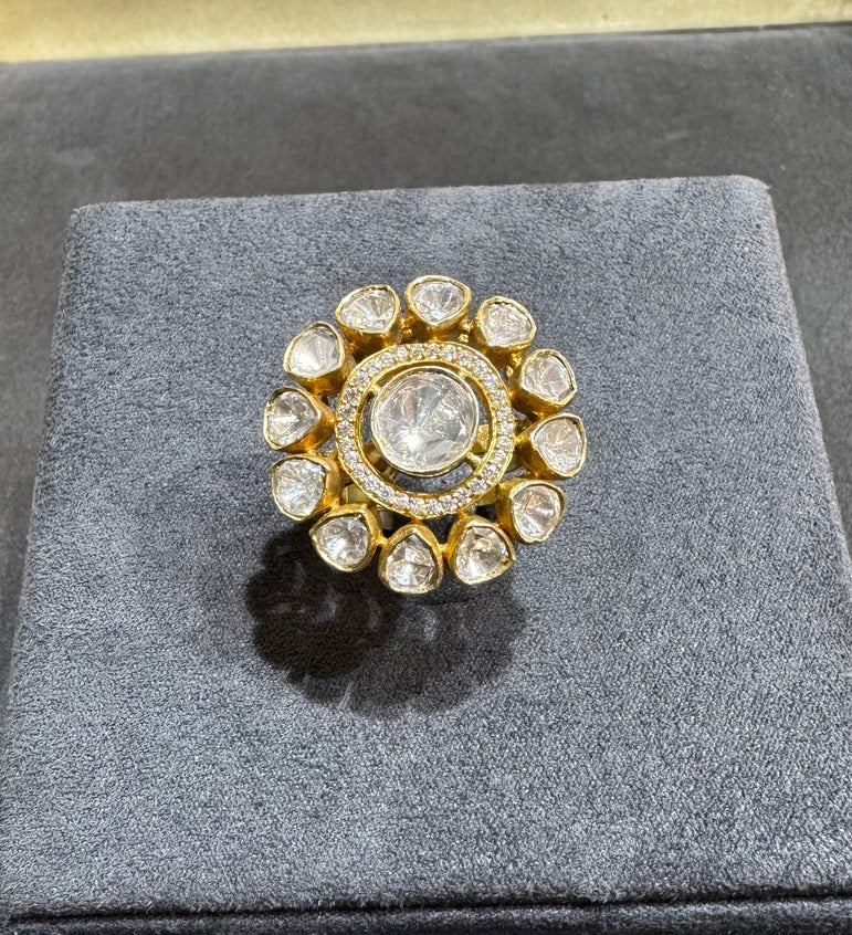 925 Silver Round Floral Polki Ring