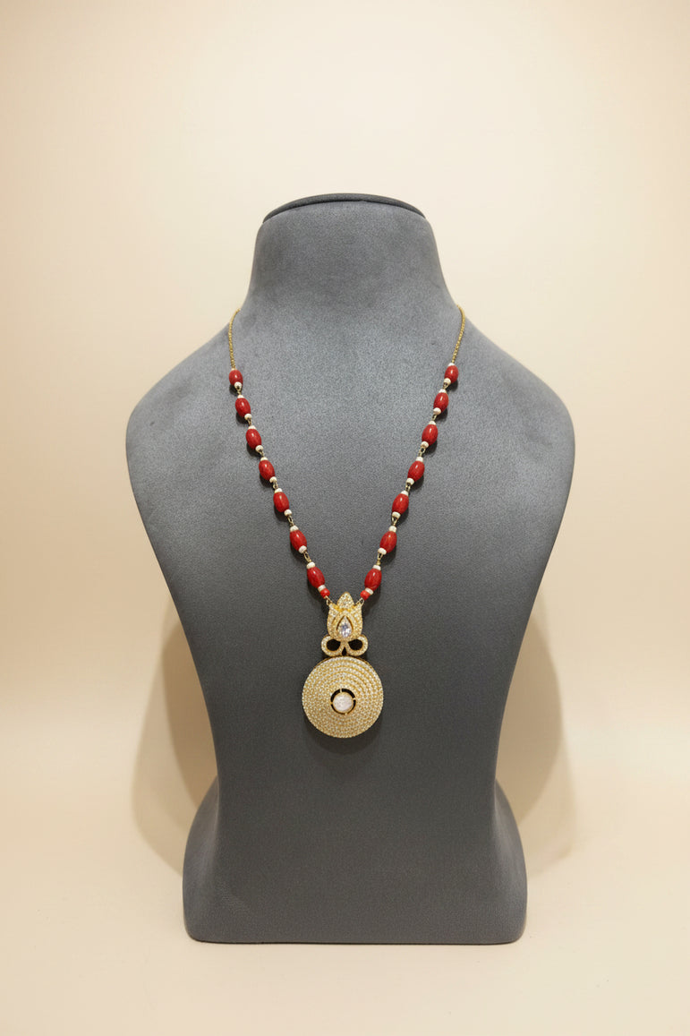 Crimson Bead Moissanite Polki Medallion Pendant Set