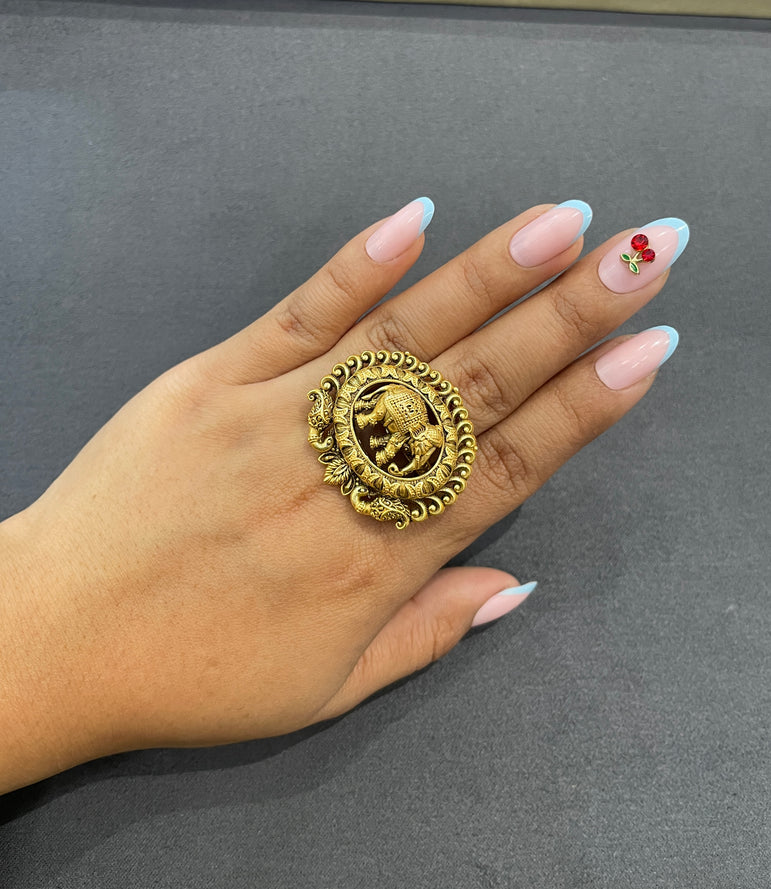 925 Silver Elephant Antique Gold Look Ring