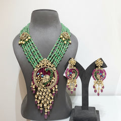 Traditional Moissanite Polki Peacock & Mint Green Bead Long Haar Set