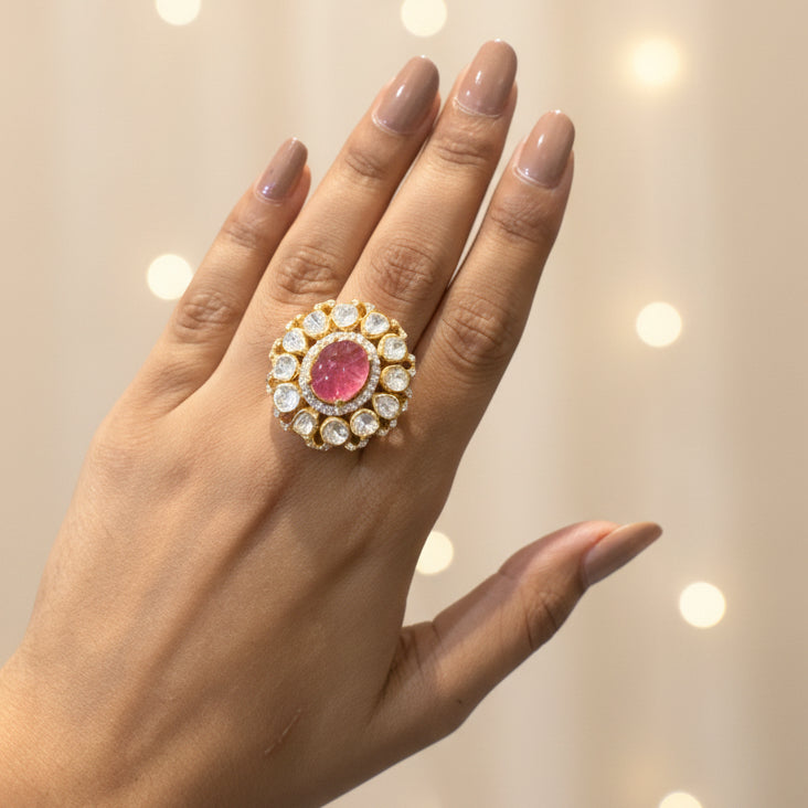 Pink Oval Moissanite Polki Statement Ring
