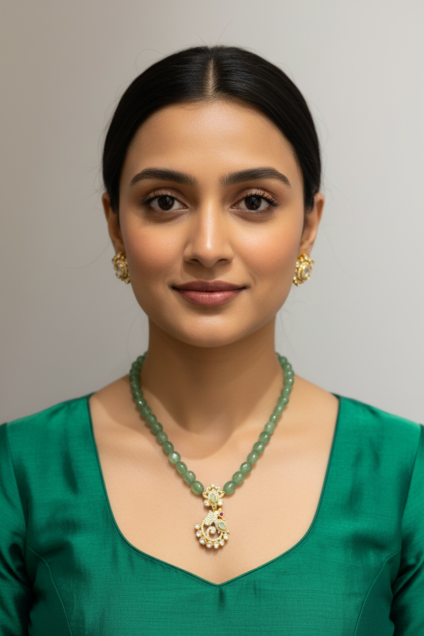 Heritage Mint Emerald Peacock Moissanite Polki Pendant Set