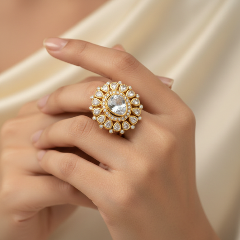 Pear-Cut Solitaire Moissanite Polki Ring