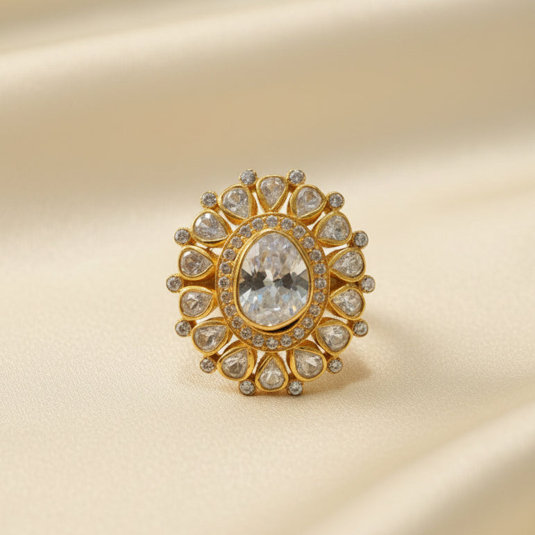 Pear-Cut Solitaire Moissanite Polki Ring